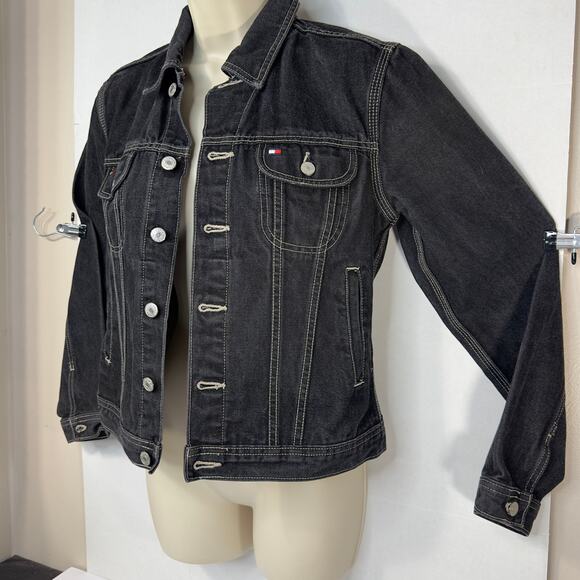 Y2K Tommy Hilfiger Dark Wash Denim Jacket Women’s Small Contrast Stitching - Picture 2 of 16